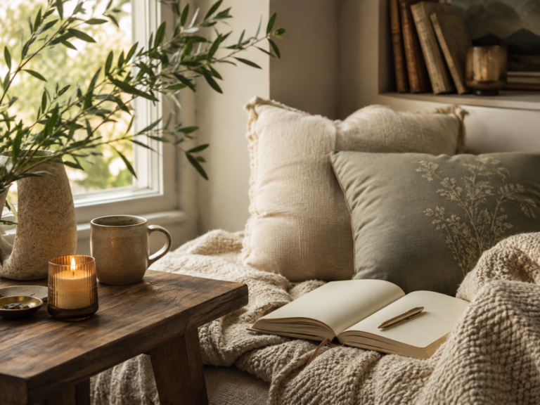 Cosy reading and journalling space beside a window