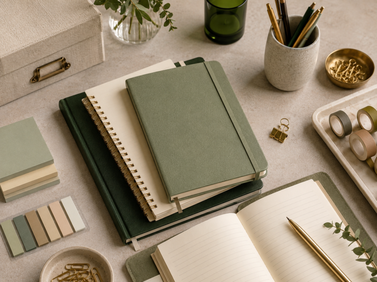 Selection of notebooks, pens and journalling stationery