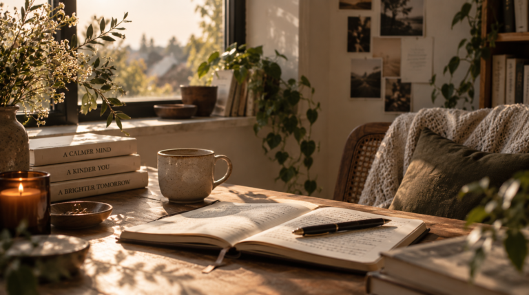 Journal and writing materials arranged on a quiet desk