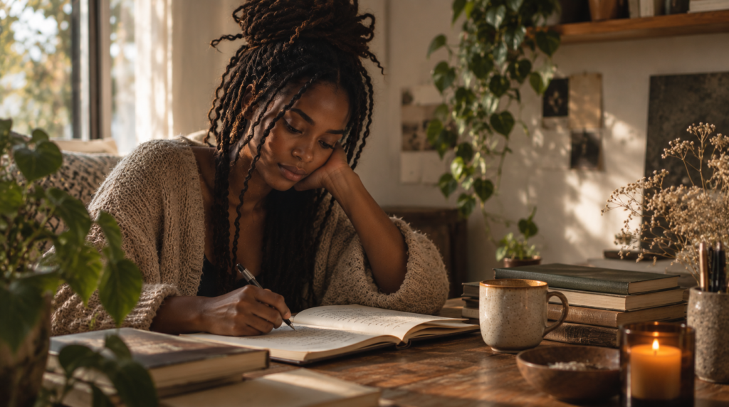 Black woman writing thoughtfully in a journal
